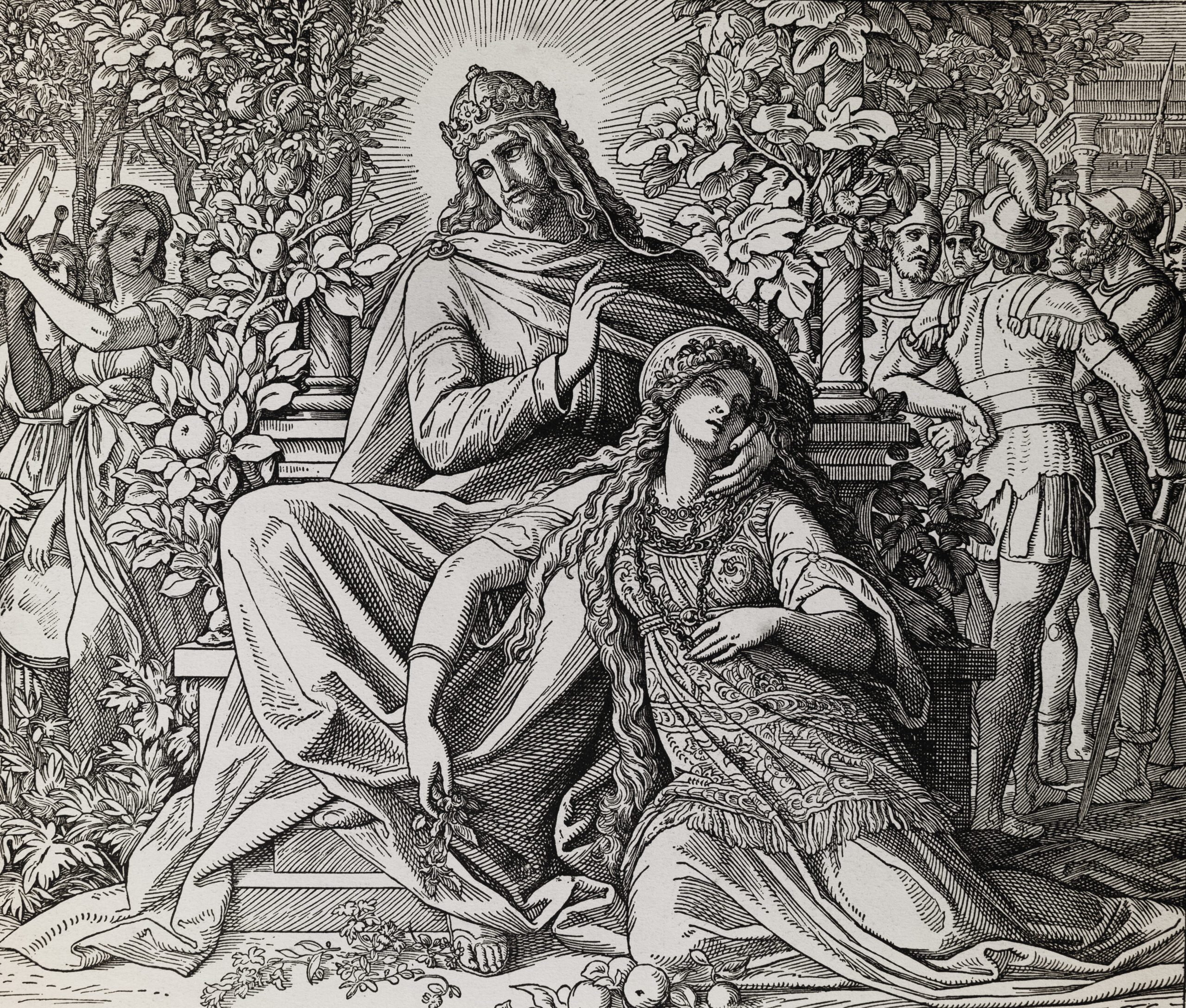 King Solomon and his love, Song of Solomon, graphic collage from engraving of Nazareene School, published in The Holy Bible, St.Vojtech Publishing, Trnava, Slovakia, 1937. King Solomon and his love, Song of Solomon, graphic collage from engraving of Nazareene School, published in The Holy Bible, St.Vojtech Publishing, Trnava, Slovakia, 1937