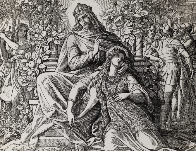 King Solomon and his love, Song of Solomon, graphic collage from engraving of Nazareene School, published in The Holy Bible, St.Vojtech Publishing, Trnava, Slovakia, 1937